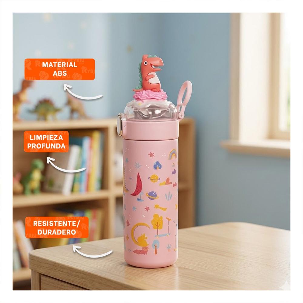 Termo Portatil 420ml Dinosaurio 3D Rosado para Ninos con Segura Y notas