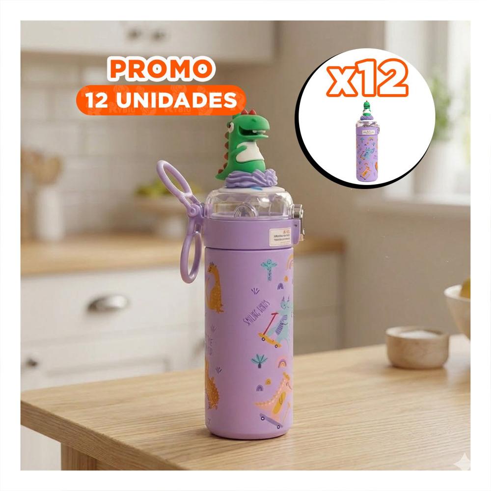Pack12 Contenedor Infantil 420ml Dinosaurio 3D Lila para Agua y Jugos en Casa YRegalo Sticker
