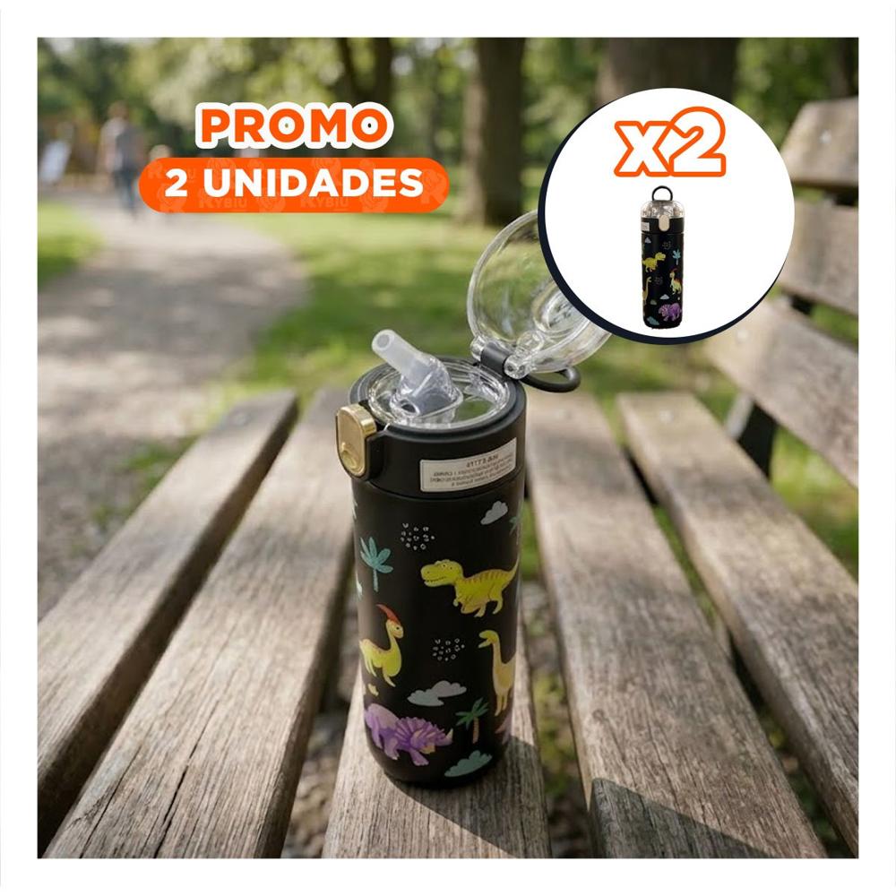 Pack2 Copo Portatil 420ml Dinosaurio Negro para Ninos con Tapa Hermetica YPapel Regalo