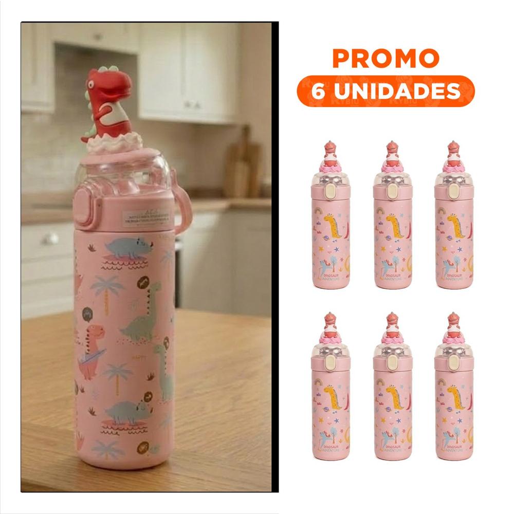 Pack6 Frasco Divertido 420ml Dinosaurio 3D Rosado para Ninos con Hermetica YRegalo Sticker