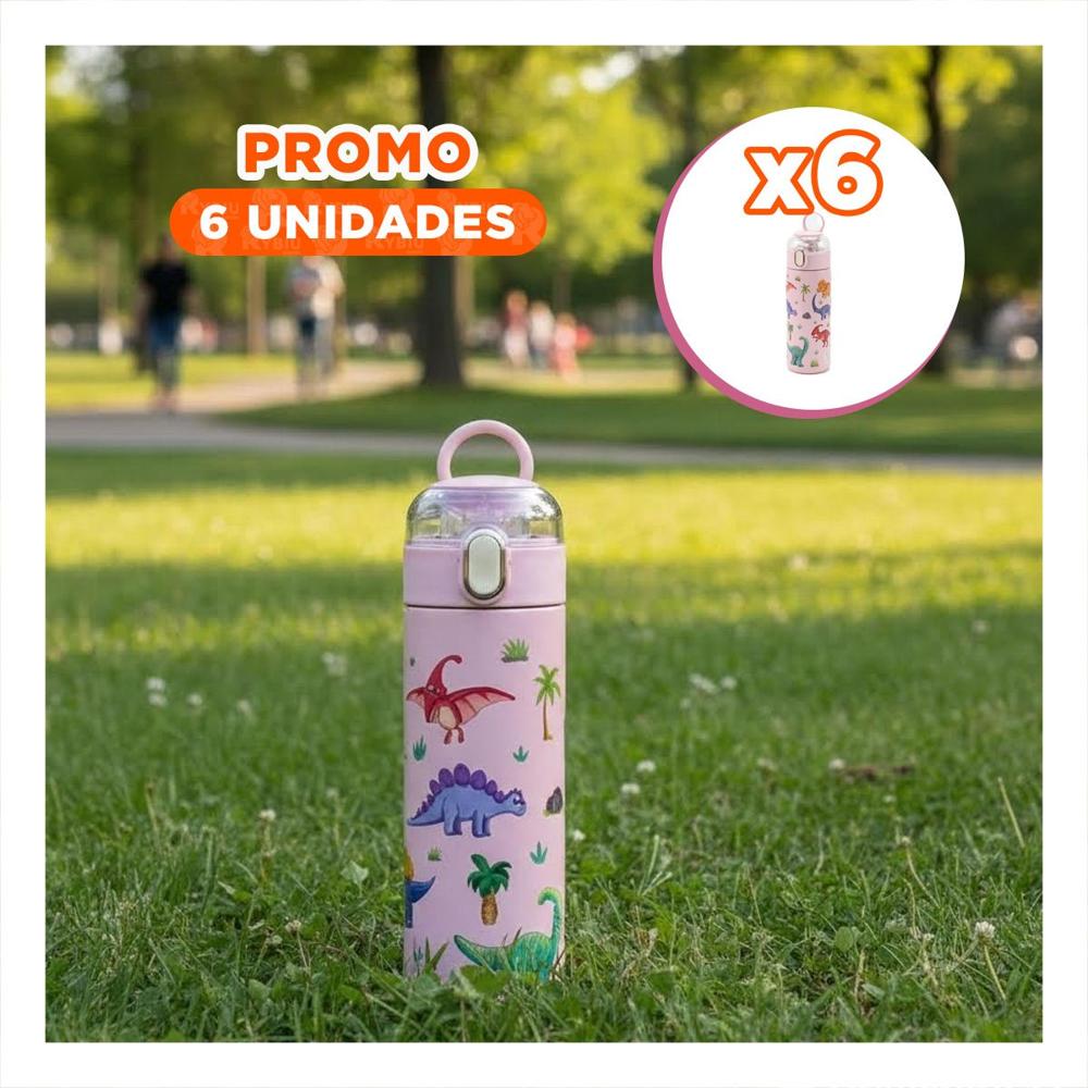 Pack6 Frasco Escolar 420ml Dinosaurio Rosado con Apertura Facil para Ninos YPapel Regalo