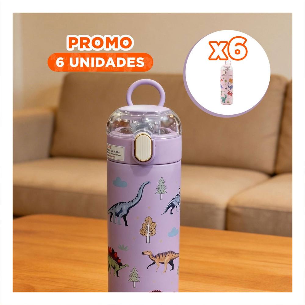 Pack6 Frasco Portatil 420ml Dinosaurio Lila para Bebidas en Excursiones