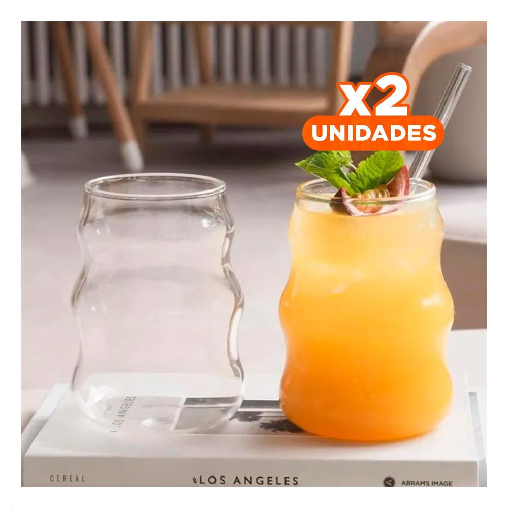 Pack2 Vaso de vidrio 500ml tapa y sorbete transparente estilo curvas elegante Y Papel Regalo
