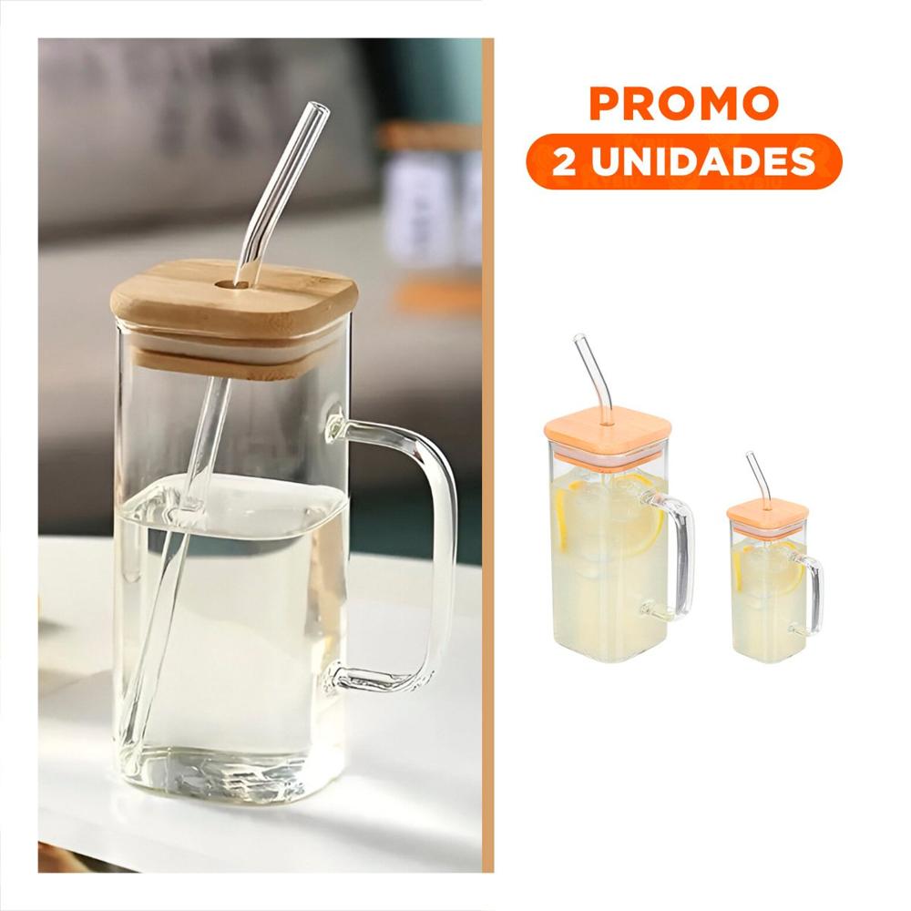 Pack2 Jarro Rectangular 350 ml Transparente con Asa y Sorbete Y Regalo Sticker