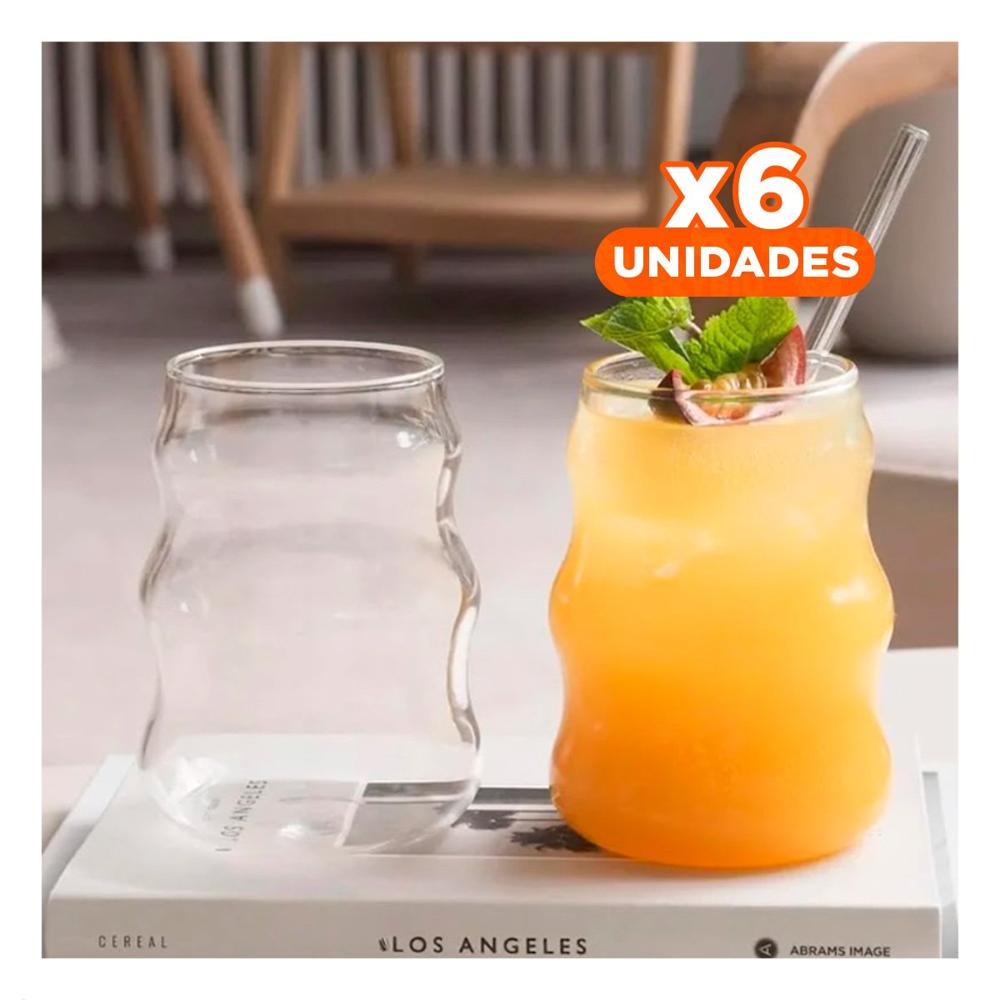 Pack6 Taza de vidrio 500ml con tapa y sorbete transparente estilo curvas elegante
