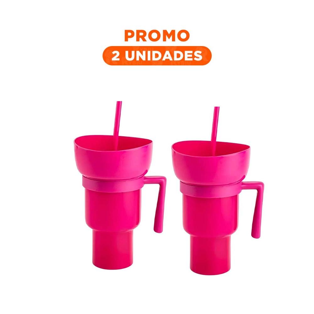 Pack2 Contenedor 2 en 1 para Snacks y Bebidas de ABS Color Rosado Actual YRegalo Sticker