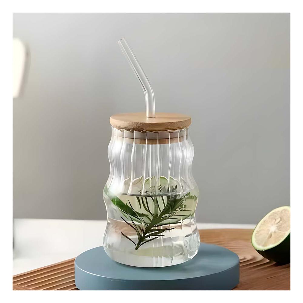 Recipiente de Vidrio 500 ml con Tapa Ajustable y Sorbete Rayas Y Papel Regalo