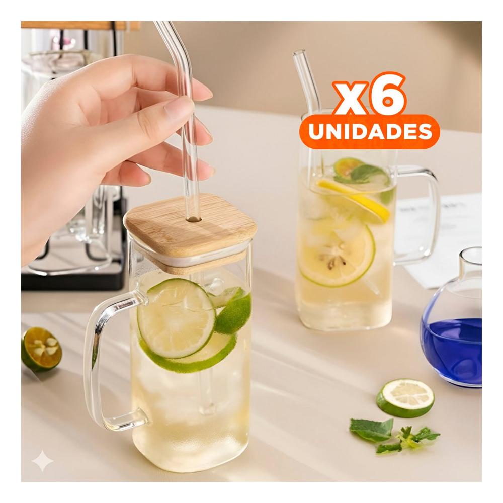Pack6 Taza Rectangular 350 ml Transparente con Asa y Sorbete Y Papel Regalo