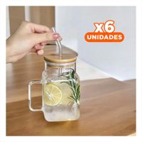 Pack6 Taza Ancha de Vidrio con Tapa Segura y Sorbete 500ml Y Papel Regalo