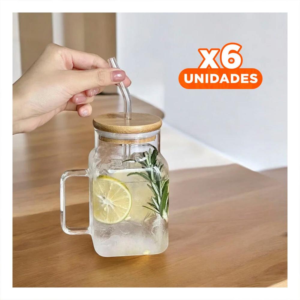 Pack6 Taza Ancha de Vidrio con Tapa Segura y Sorbete 500ml Y Papel Regalo