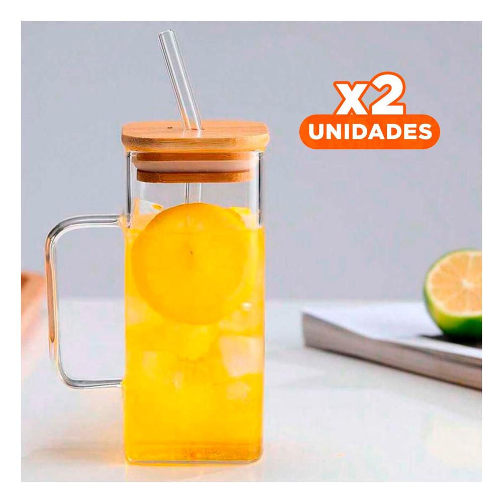 Pack2 Jarro de Vidrio 350 ml Transparente con Asa Tapa y Sorbete Recto