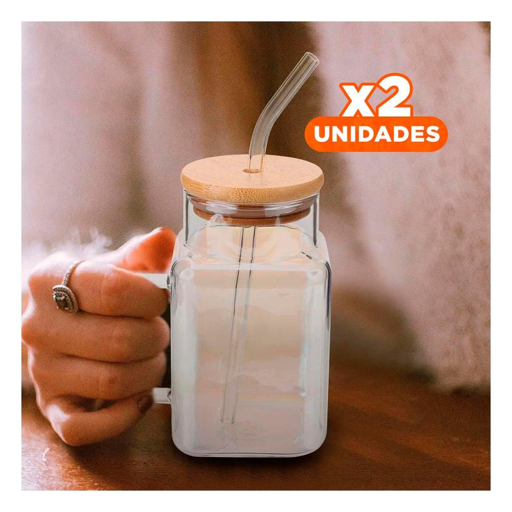 Pack2 Jarro de Vidrio 500ml con Asa Firme Tapa y Sorbete Transparente