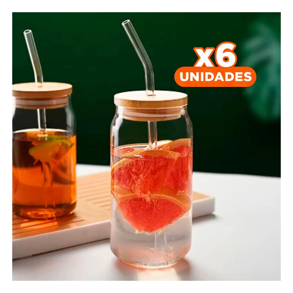 Pack6 Taza transparente de vidrio 500ml con tapa y sorbete estilo recto