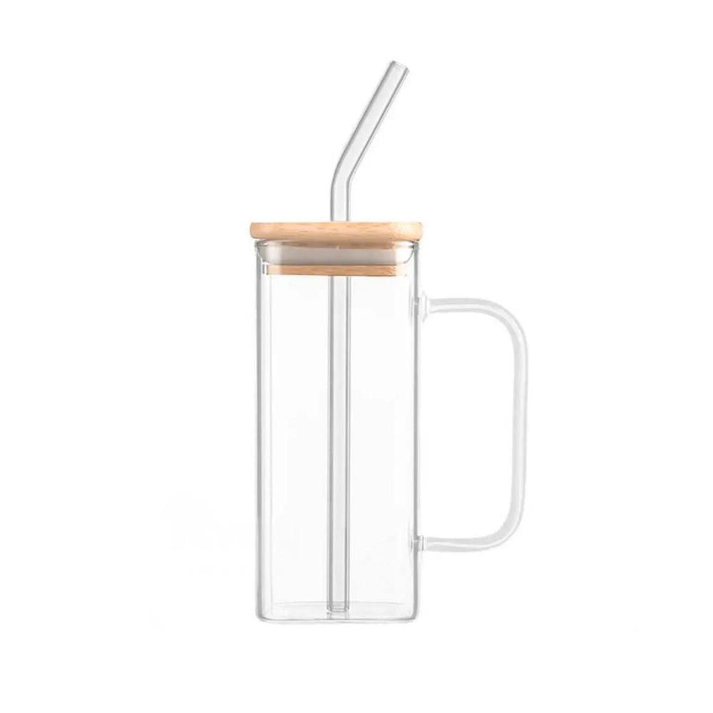 Taza con Asa de Vidrio 350 ml con Tapa y Sorbete Transparente Practico Y Regalo Sticker