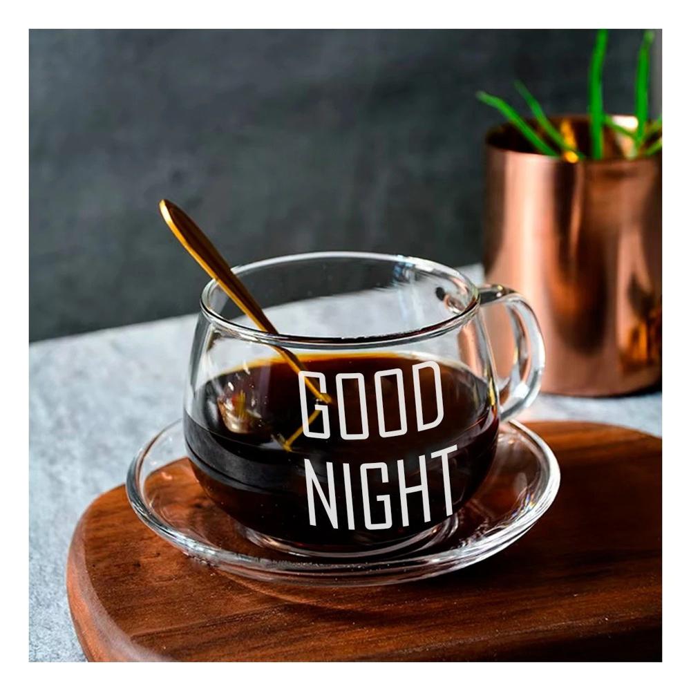 Taza de Vidrio 350 ML con Frase Good Night en Transparente Elegante Y Papel Regalo