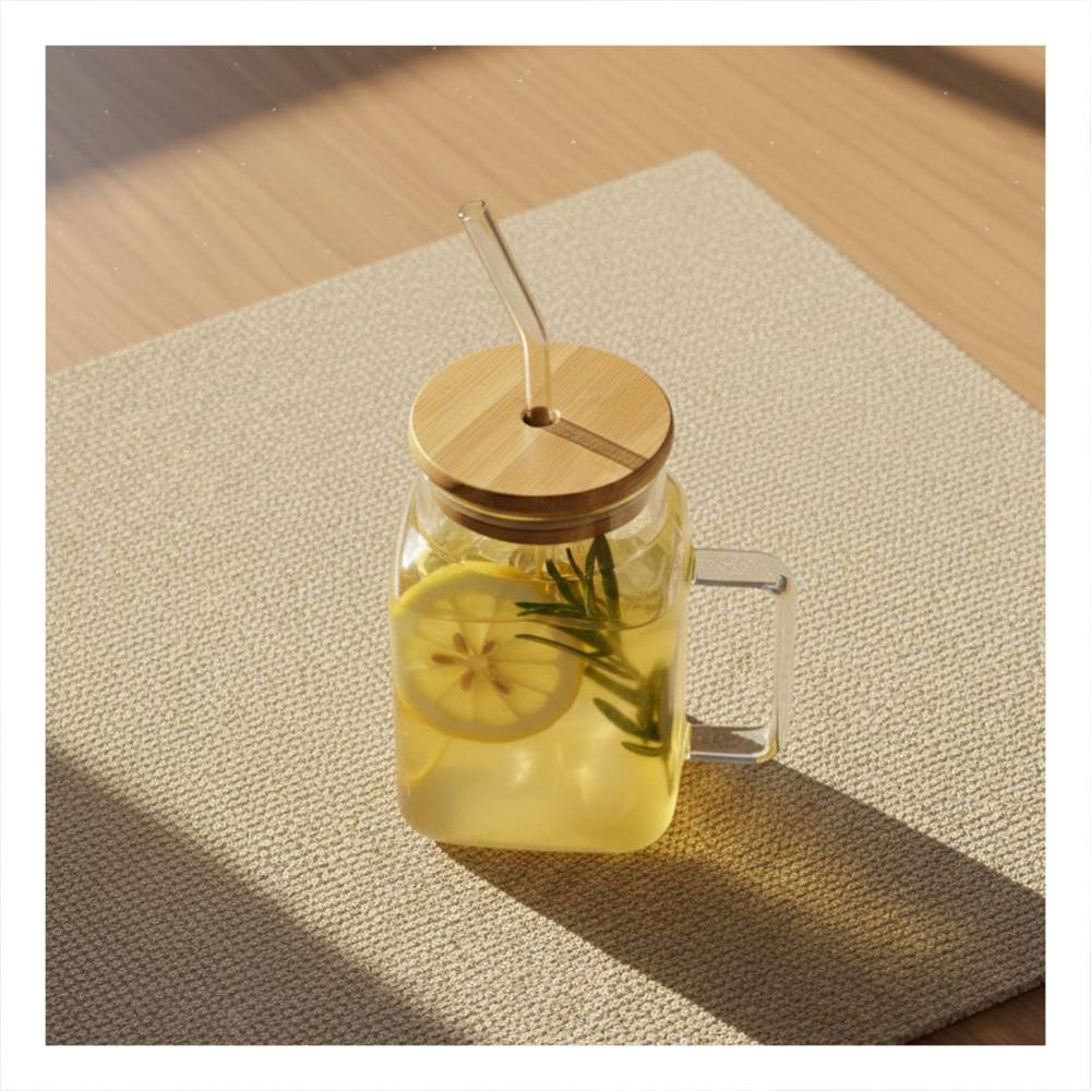 Vaso Transparente de Vidrio 500ml con Asa y Tapa con Sorbete Rectangular Y Papel Regalo