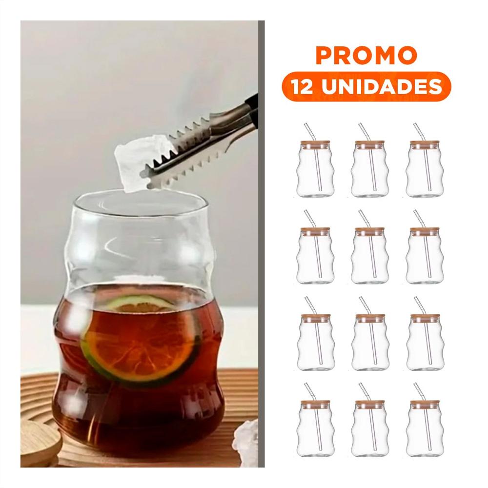 Pack12 Taza de vidrio 500ml con tapa y sorbete transparente estilo curvas para casa