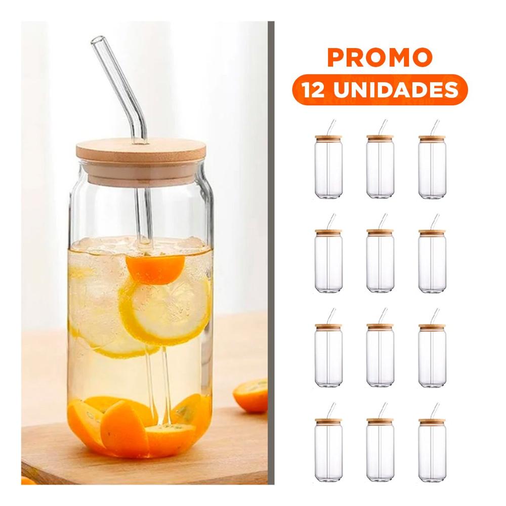 Pack12 Botella transparente de vidrio 500ml con tapa y sorbete recto