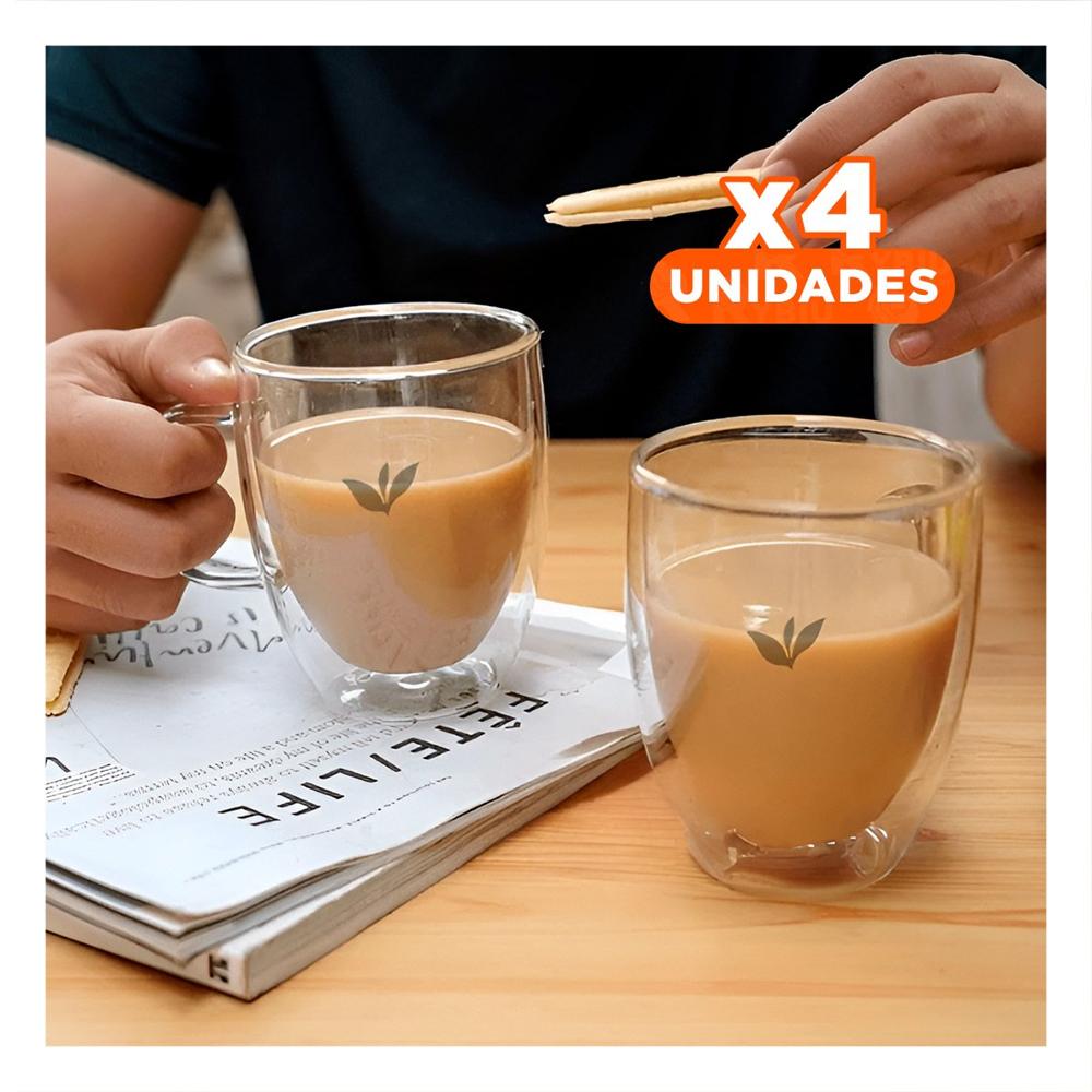 Pack4 Copa de 250ml en Cuerpo de 8x5.6x11cm Vidrio Transparente con Hojitas Y Papel Regalo