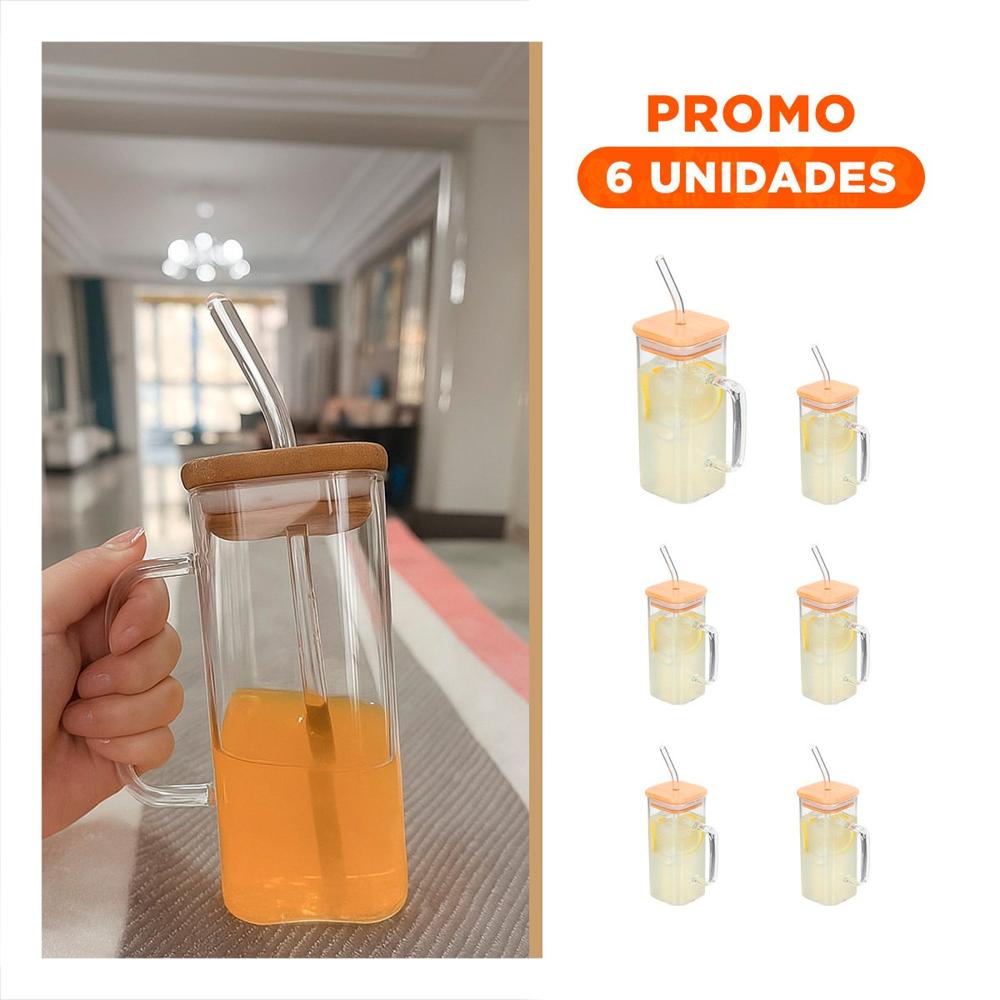 Pack6 Taza Practica 350 ml de Vidrio con Asa Tapa Y Regalo Sticker