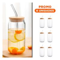 Pack6 Contenedor transparente de vidrio 500ml con tapa y sorbete recto Y Regalo Sticker
