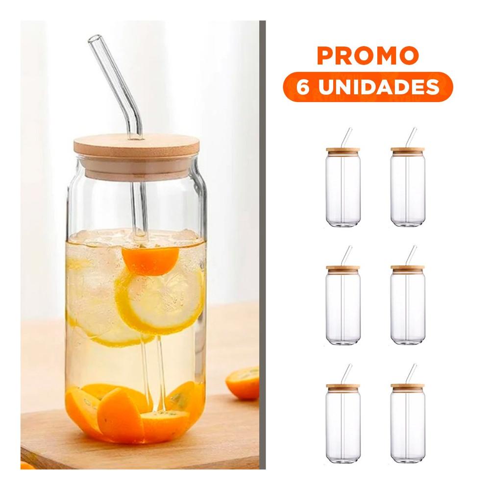 Pack6 Contenedor transparente de vidrio 500ml con tapa y sorbete recto Y Regalo Sticker