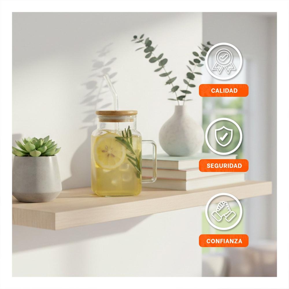 Vaso de Vidrio 500ml con Asa Tapa y Sorbete Transparente Estilo Rectangular