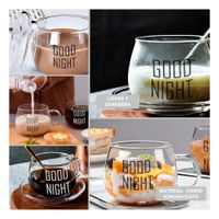 Taza Transparente de Vidrio 350 ML con Frase Good Night Inspiradora Y Ligas Regalo