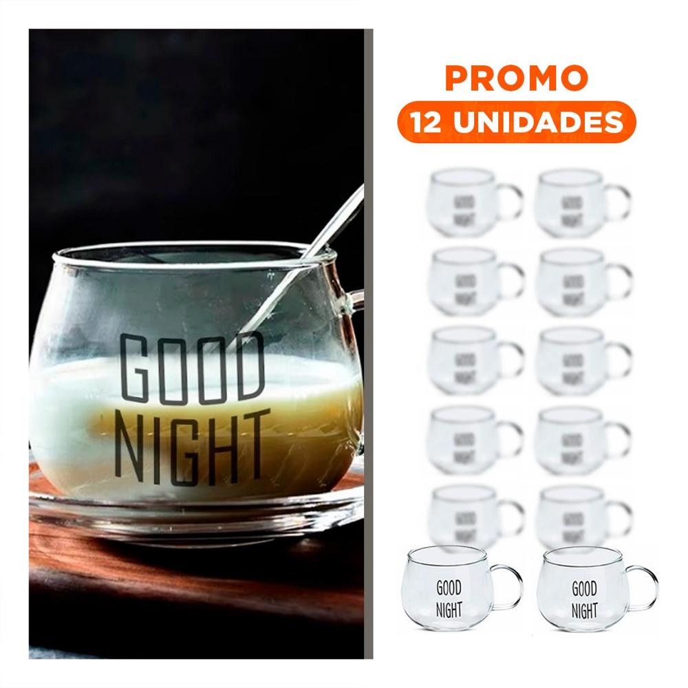Pack12 Vaso 350 ML Transparente de Vidrio con Frase Good Night con Presentacion Elegante