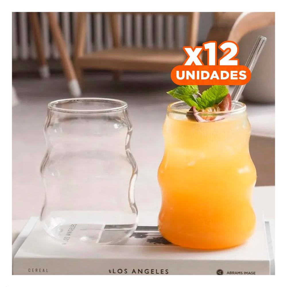Pack12 Recipiente de vidrio 500ml tapa y sorbete transparente estilo curvas Y Regalo Sticker
