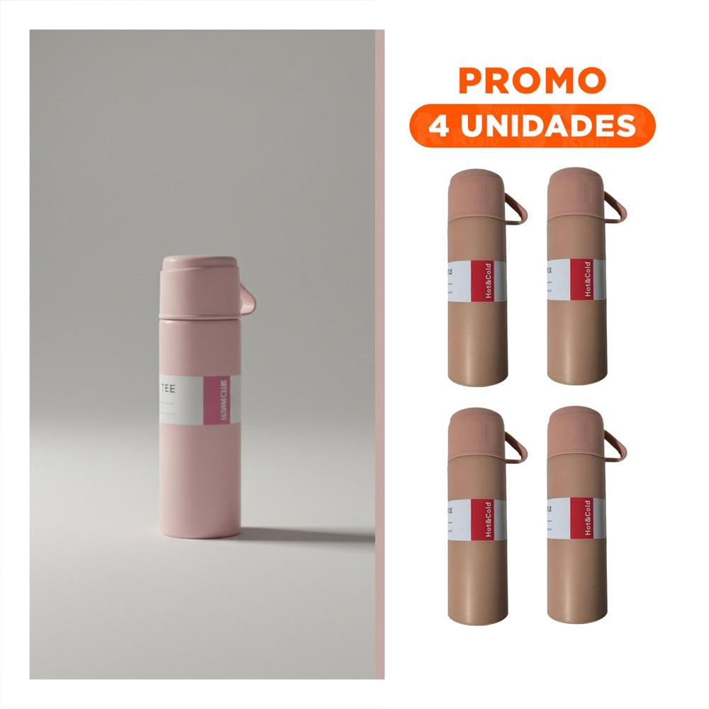 Pack4 Recipiente termico personal con 2 tasas rosado practico para casa y viaje