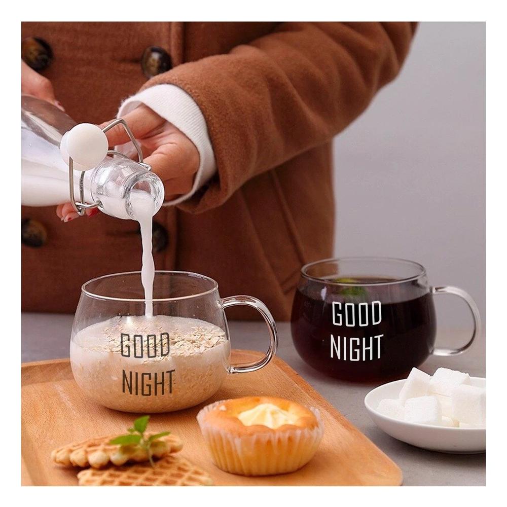 Taza con Frase Good Night 350 ML de Vidrio en Color Transparente Estetica Moderna
