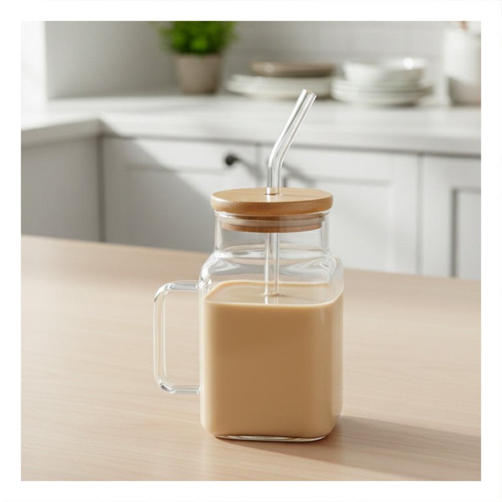 Vaso Moderno de Vidrio 500ml con Asa Comoda Tapa Hermetica y Sorbete Y notas