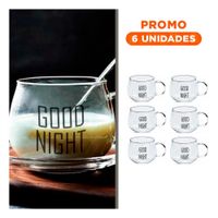 Pack6 Vaso Vidrio Transparente 350 ML con Frase Good Night Moderna Y Regalo Sticker