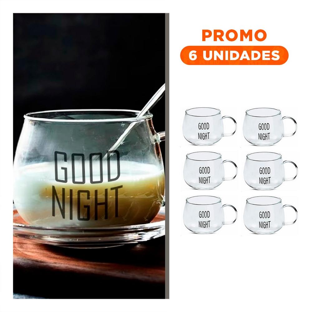 Pack6 Vaso Vidrio Transparente 350 ML con Frase Good Night Moderna Y Regalo Sticker
