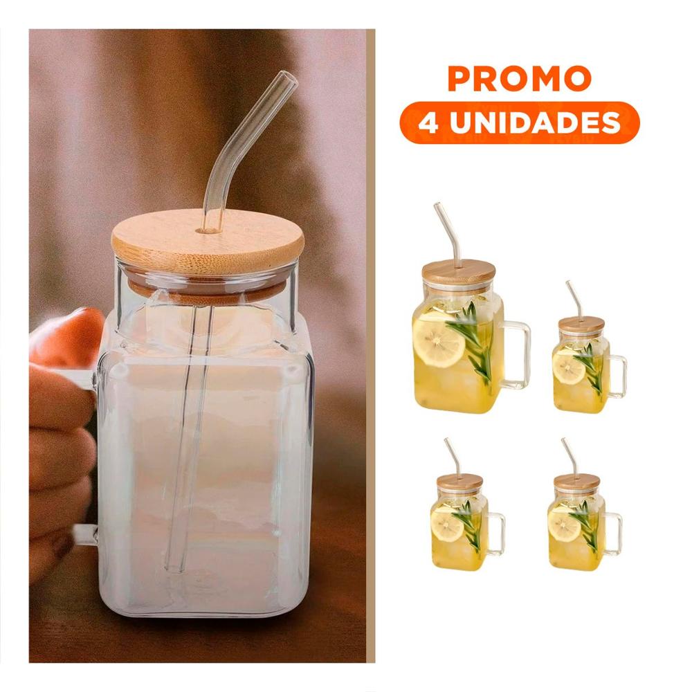 Pack4 Jarro Moderno 500ml de Vidrio con Asa Tapa Ajustada y Sorbete