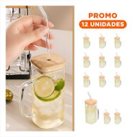 Pack12 Recipiente de Vidrio 350 ml Transparente con Asa y Sorbete Recto