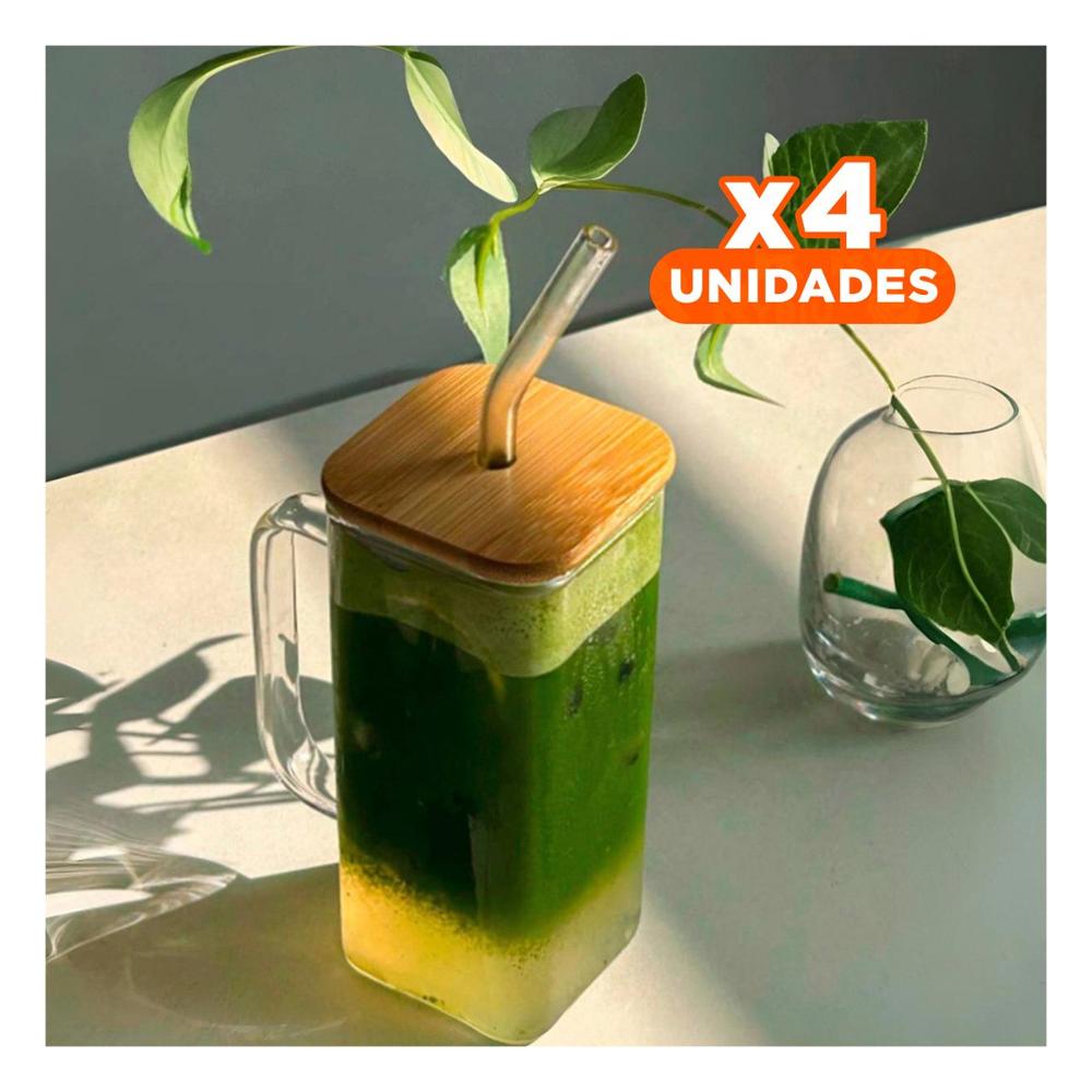 Pack4 Taza de Vidrio 350 ml Transparente con Asa Tapa y Sorbete Recto Y Regalo Sticker