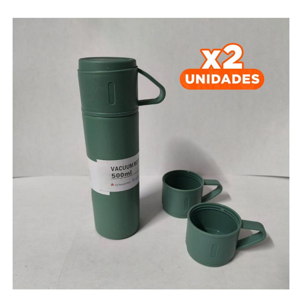 Pack2 Cantimplora Termica con 2 Tazas Verde para Oficina y Paseo YPapel Regalo