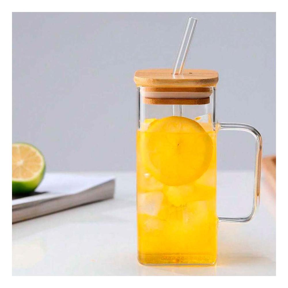 Jarro con Asa de Vidrio 350 ml con Tapa y Sorbete Transparente Moderno Y Papel Regalo