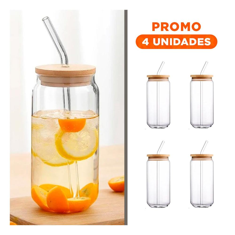 Pack4 Jarro de vidrio 500ml con tapa y sorbete transparente estilo recto