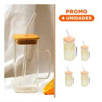 Pack4 Jarro Practico 350 ml de Vidrio con Asa Tapa y Sorbete