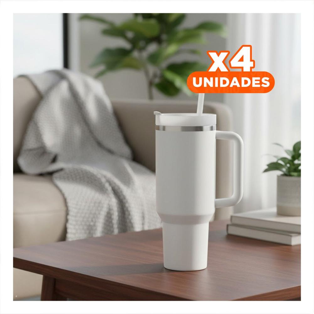 Pack4 Copa Insulada con Asa y Pico 1200ML Blanco para Oficina Y Regalo Sticker