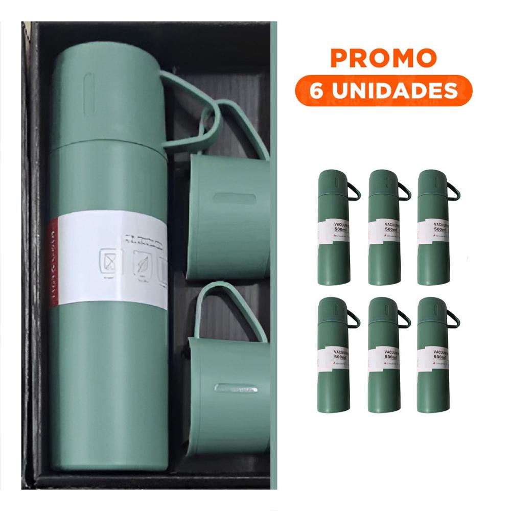 Pack6 Cantimplora Verde con 2 Tazas para Hogar y Oficina YRegalo Sticker