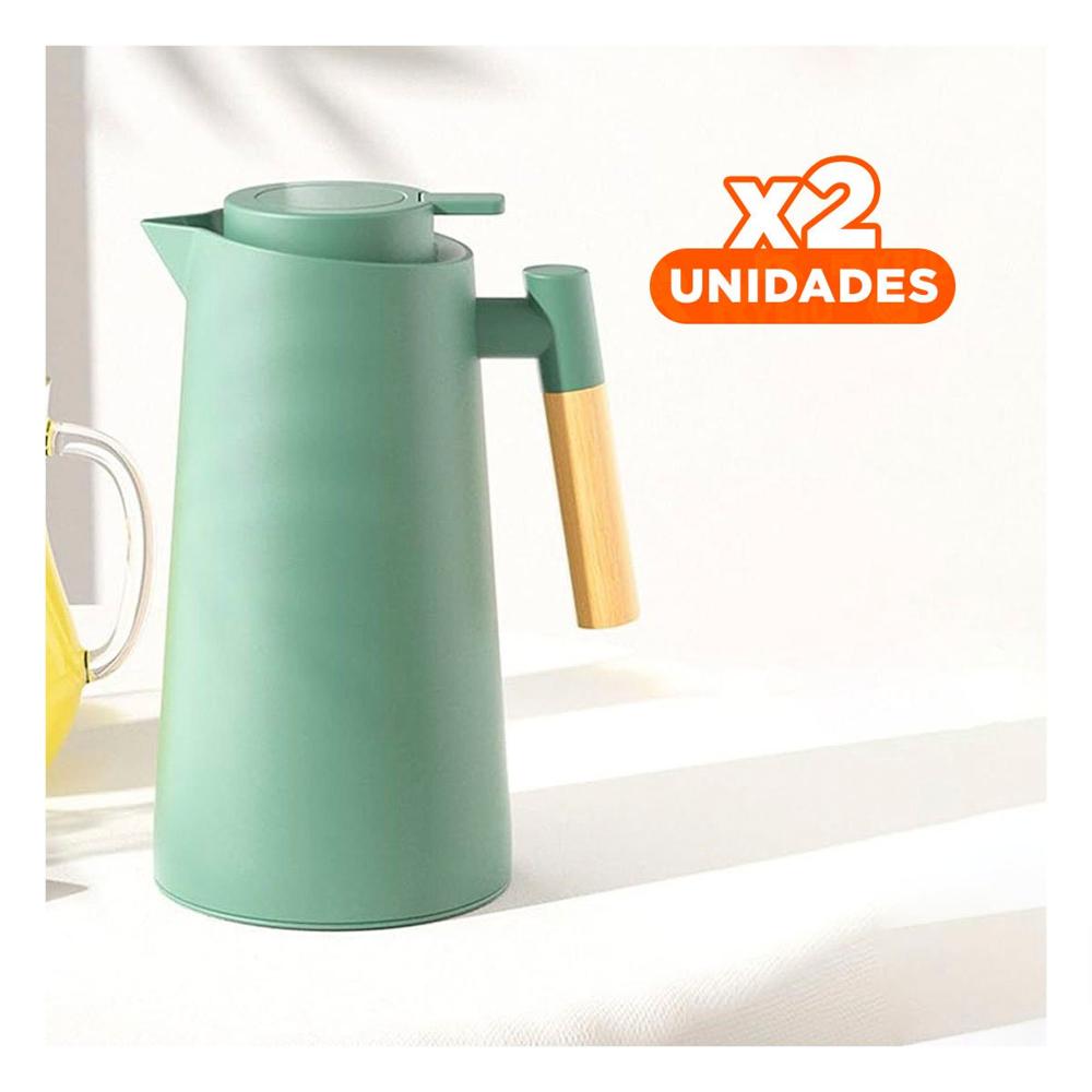 Pack2 Jarra Termo 1L Color Verde Agua con Mango de Madera Moderna y Funcional para Hogar