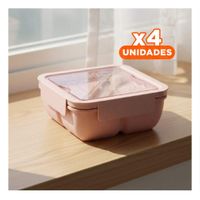 Pack4 Taper cuadrado con cubiertos 1100ml rosado para lunch y mantener fresca Y Papel Regalo