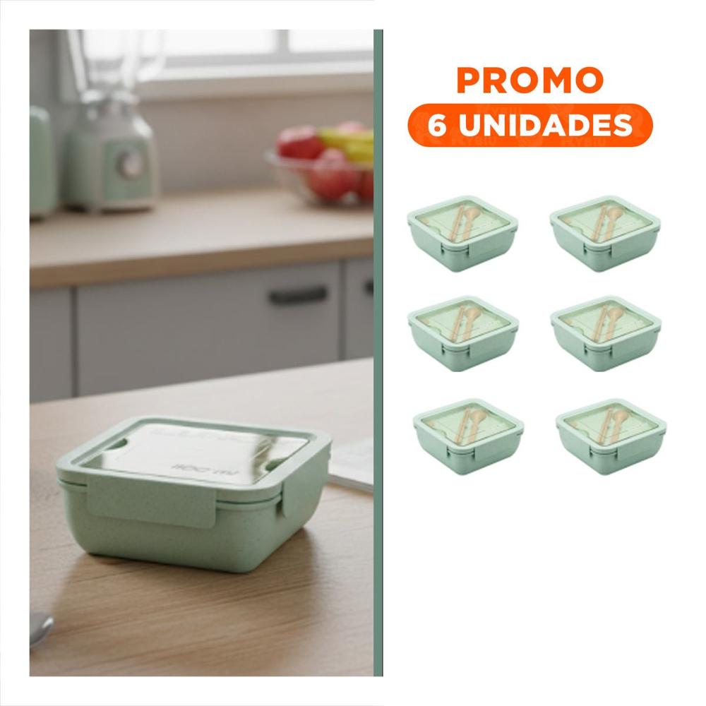 Pack6 Portacomida cuadrado con cubiertos 1100ml verde agua para lunch y hogar Y Regalo Sticker