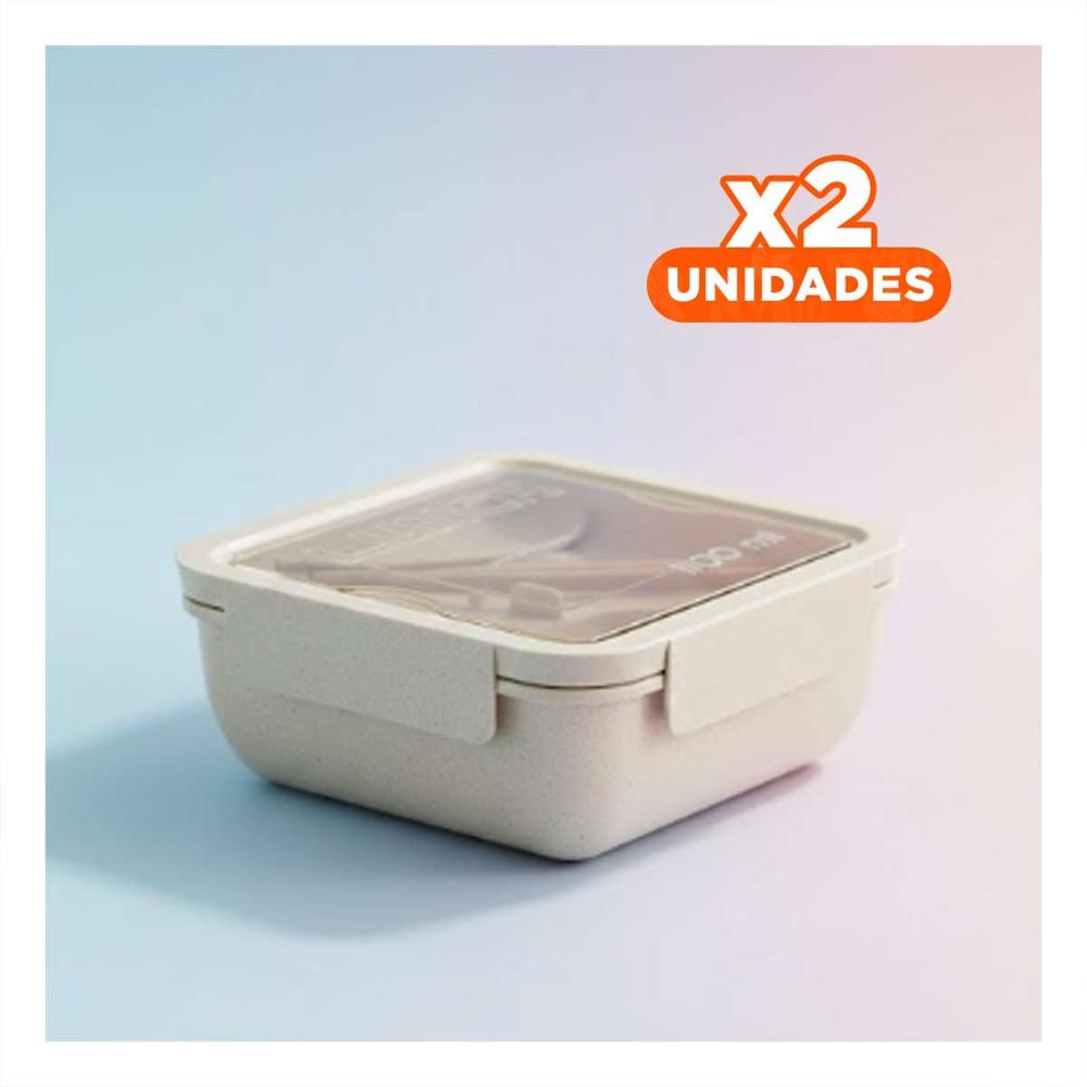Pack2 Envase Hermetico con Cubiertos 1100ml Beige Para Lunch Y Oficina O Escuela Y Papel Regalo