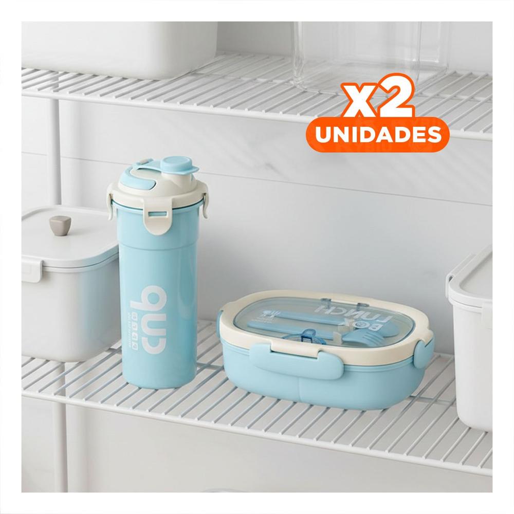 Pack2 Estuche 850ml con Cubiertos y Tomatodo 480ml Celeste Moderno YPapel Regalo