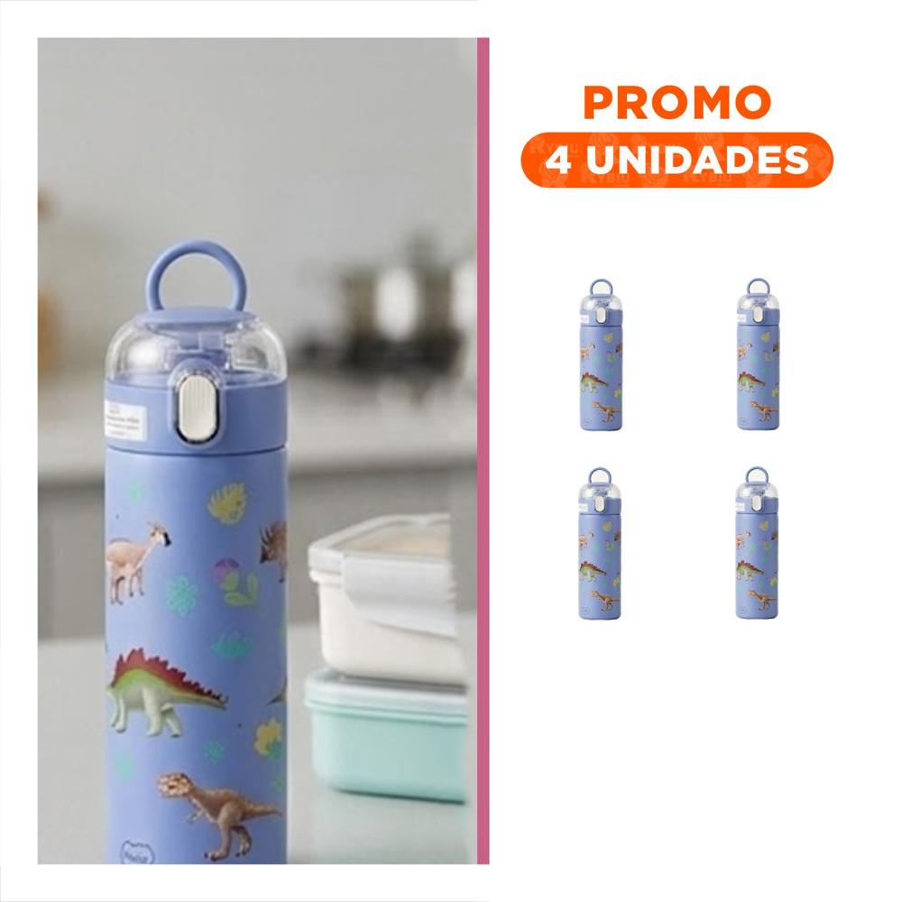 Pack4 Copo Portatil 420ml Dinosaurio Azul para Ninos en Casa o Escuela